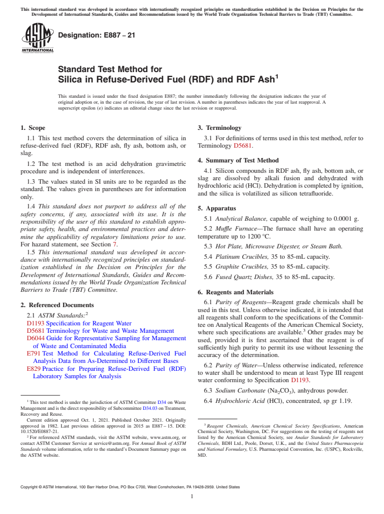 ASTM E887-21 - Standard Test Method for Silica in Refuse-Derived Fuel (RDF) and RDF Ash