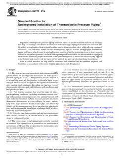 ASTM D2774-21a ASTM D2774-21a - Standard Practice for Underground Installation of Thermoplastic Pressure Piping - Page 1 preview