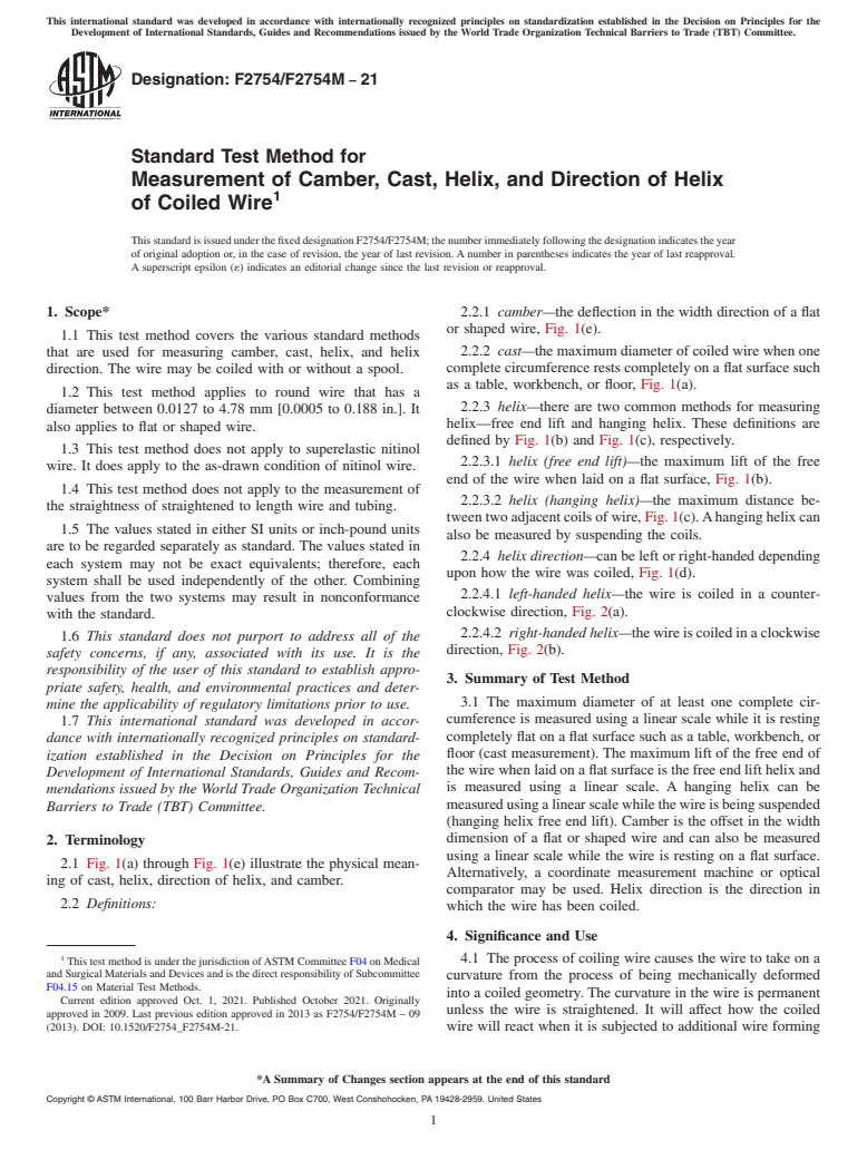 ASTM F2754/F2754M-21 - Standard Test Method for Measurement of Camber, Cast, Helix, and Direction of Helix  of Coiled Wire