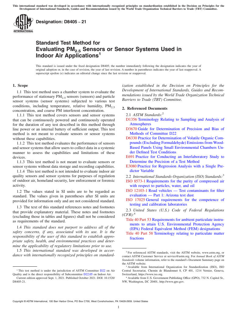 ASTM D8405-21 - Standard Test Method for Evaluating PM<inf>2.5</inf> Sensors or Sensor Systems Used  in Indoor Air Applications