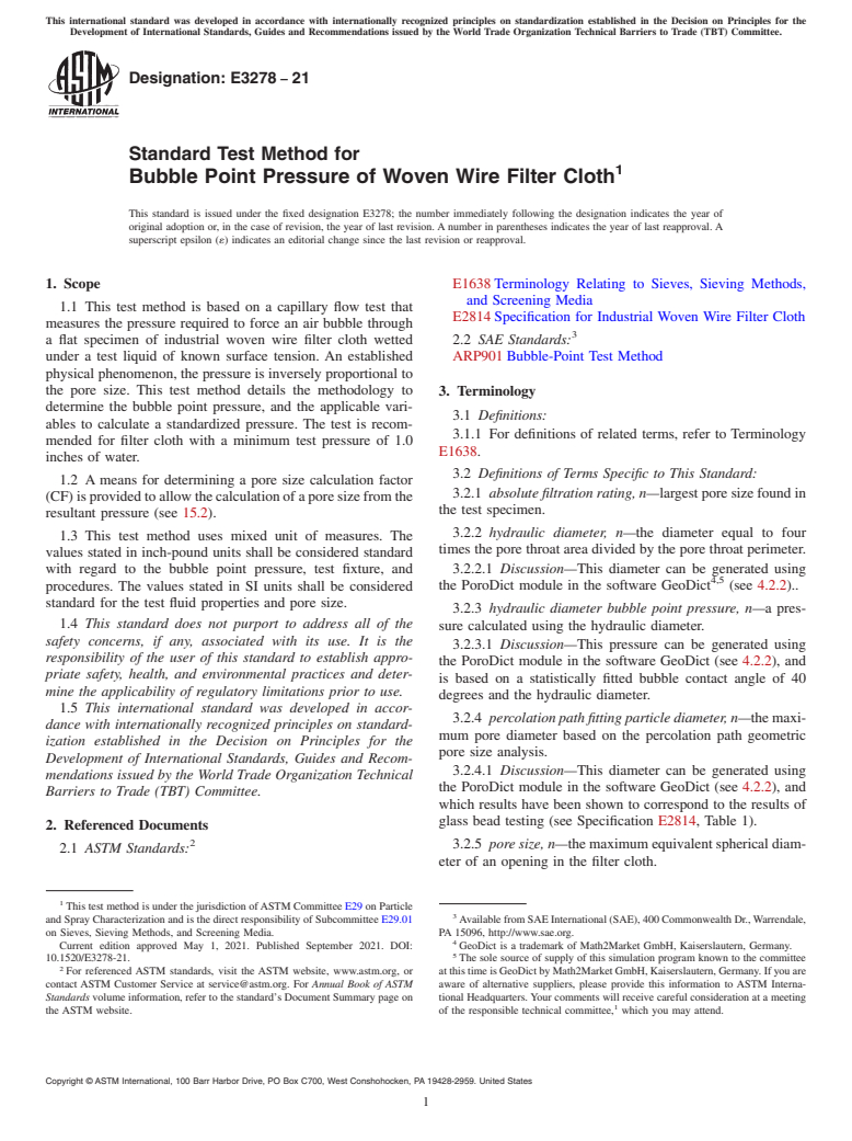 ASTM E3278-21 - Standard Test Method for Bubble Point Pressure of Woven Wire Filter Cloth