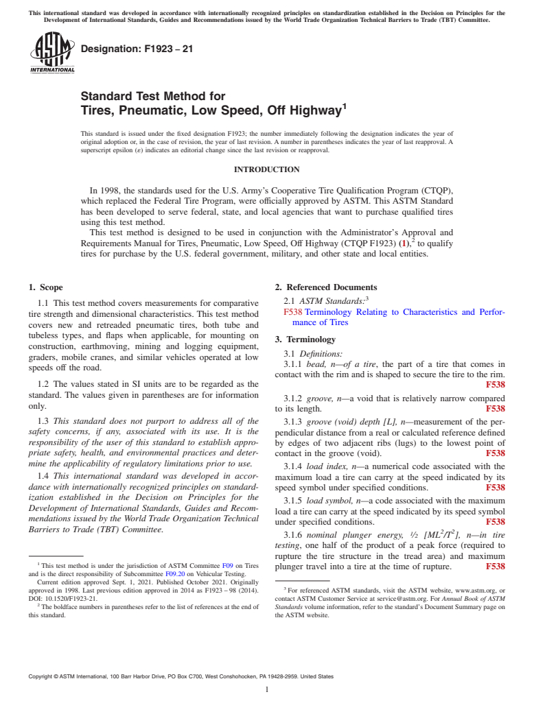 ASTM F1923-21 - Standard Test Method for  Tires, Pneumatic, Low Speed, Off Highway