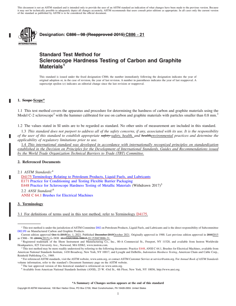 REDLINE ASTM C886-21 - Standard Test Method for  Scleroscope Hardness Testing of Carbon and Graphite Materials