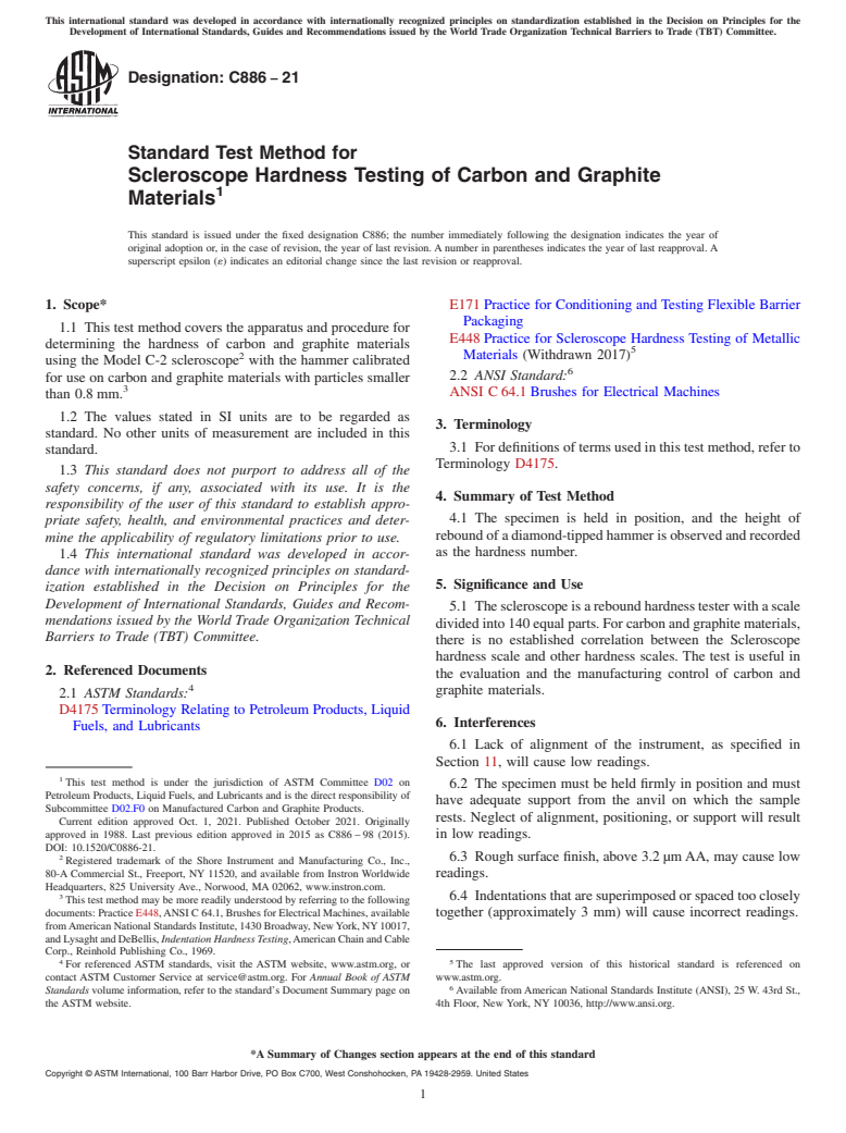 ASTM C886-21 - Standard Test Method for  Scleroscope Hardness Testing of Carbon and Graphite Materials