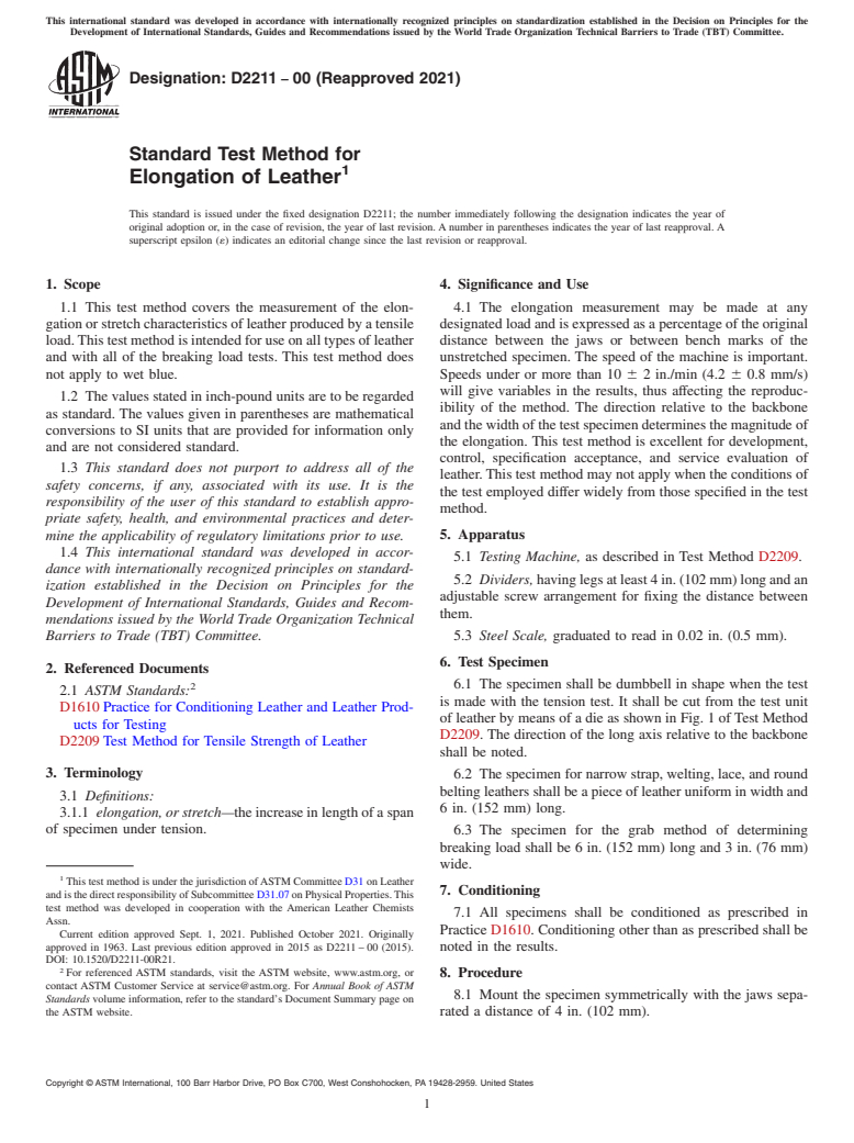 ASTM D2211-00(2021) - Standard Test Method for  Elongation of Leather