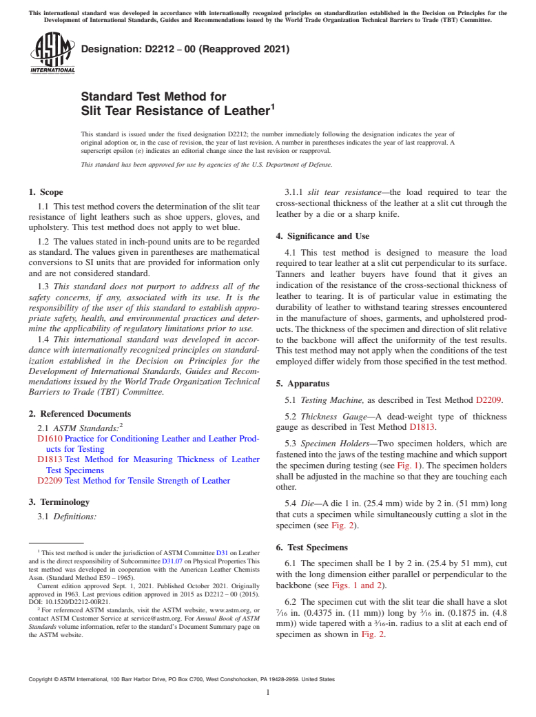 ASTM D2212-00(2021) - Standard Test Method for  Slit Tear Resistance of Leather