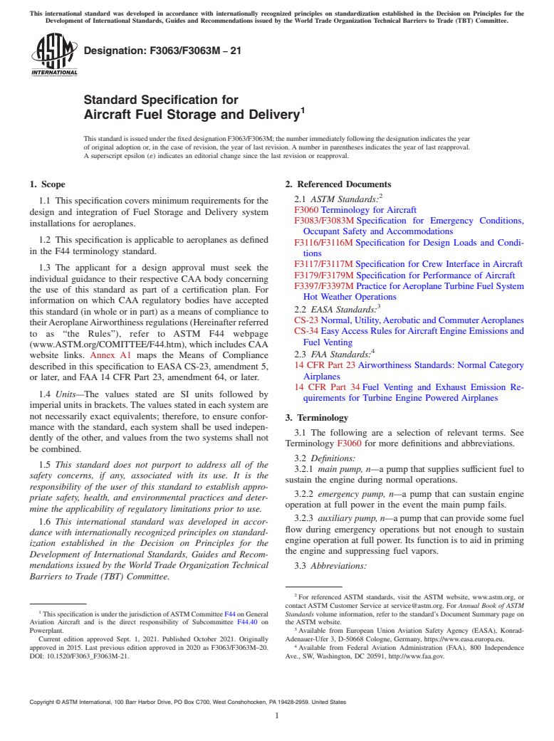 ASTM F3063/F3063M-21 - Standard Specification for Aircraft Fuel Storage and Delivery