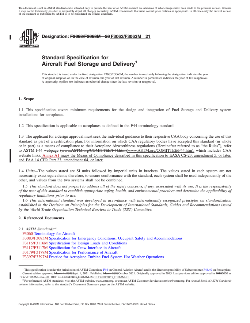 REDLINE ASTM F3063/F3063M-21 - Standard Specification for Aircraft Fuel Storage and Delivery