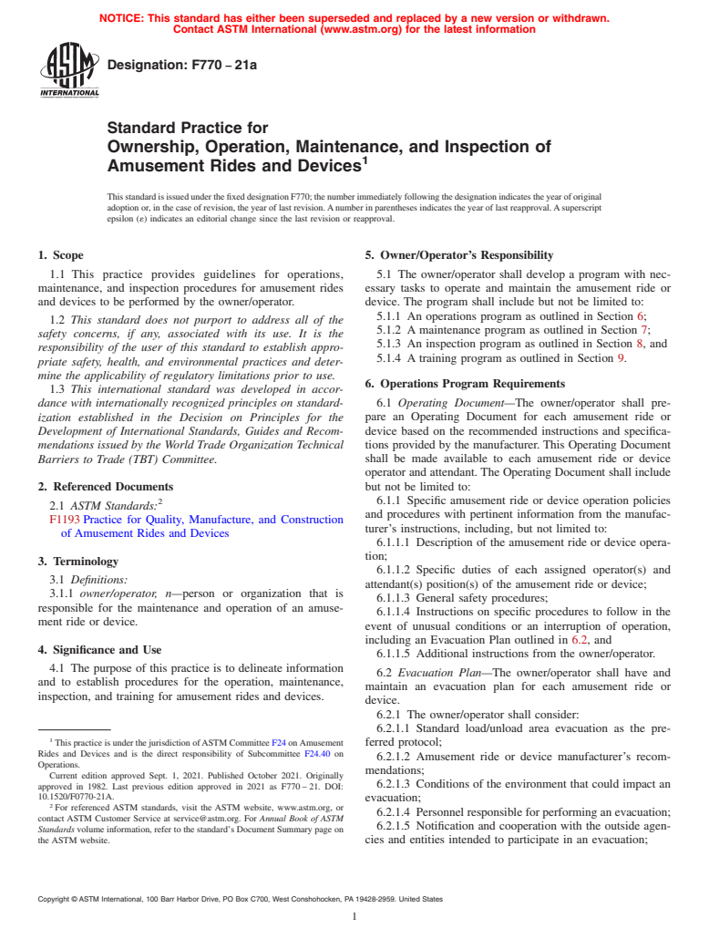ASTM F770-21a - Standard Practice for Ownership, Operation, Maintenance, and Inspection of Amusement  Rides and Devices