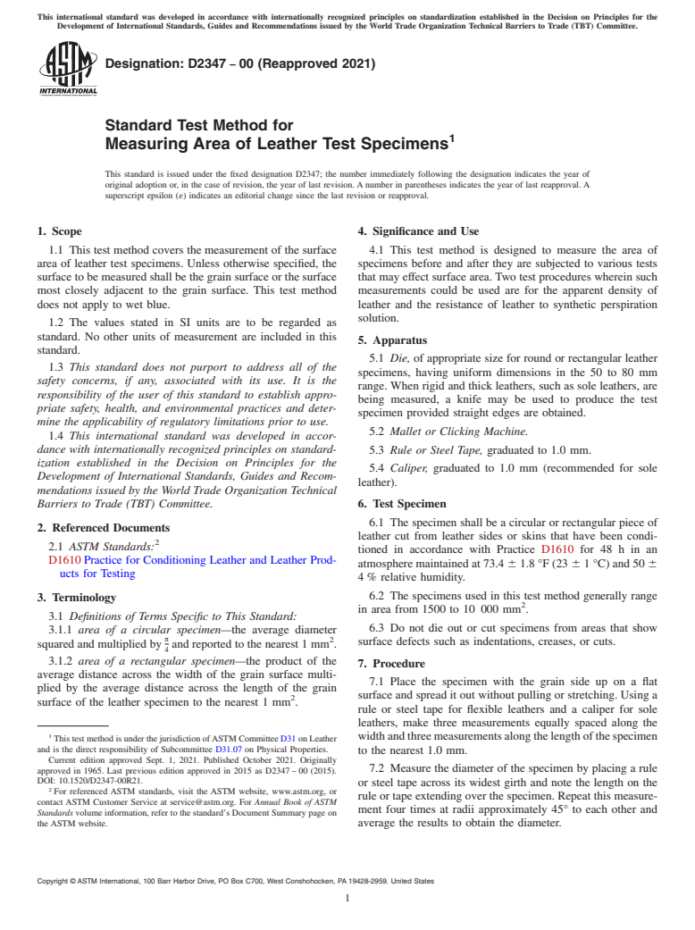 ASTM D2347-00(2021) - Standard Test Method for  Measuring Area of Leather Test Specimens