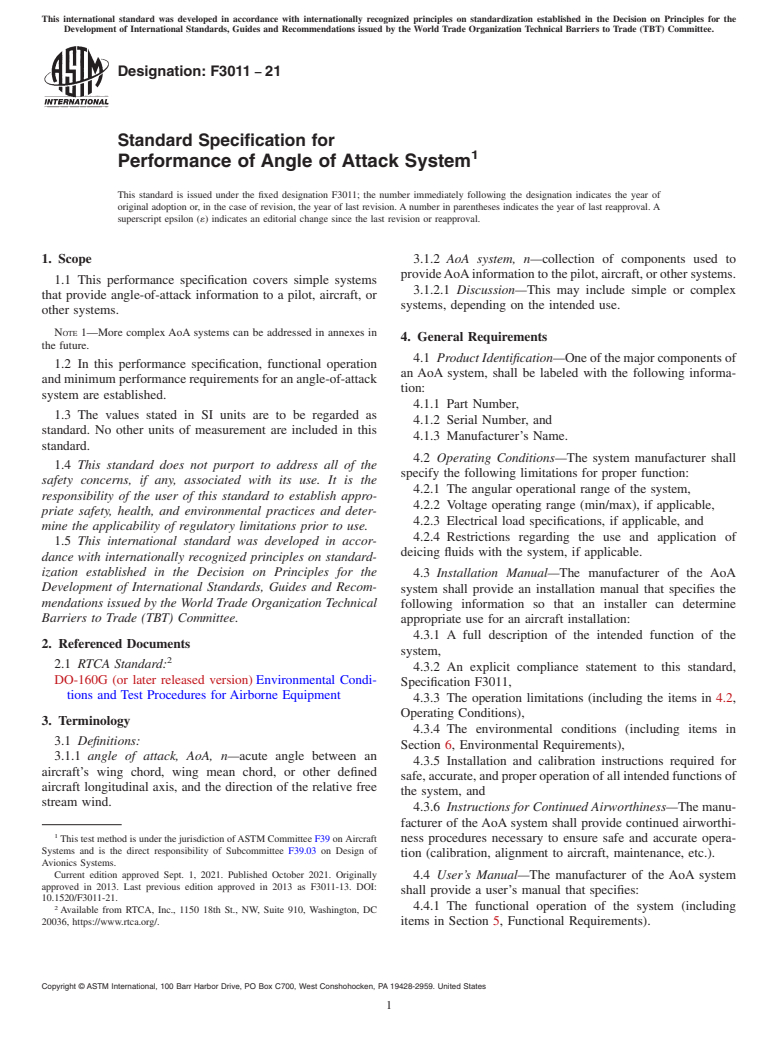 ASTM F3011-21 - Standard Specification for Performance of Angle of Attack System