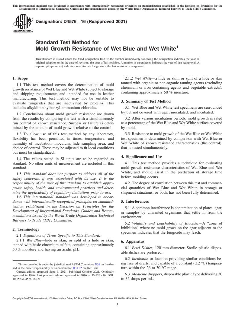 ASTM D4576-16(2021) - Standard Test Method for  Mold Growth Resistance of Wet Blue and Wet White