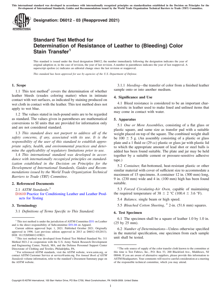 ASTM D6012-03(2021) - Standard Test Method for  Determination of Resistance of Leather to (Bleeding) Color  Stain Transfer