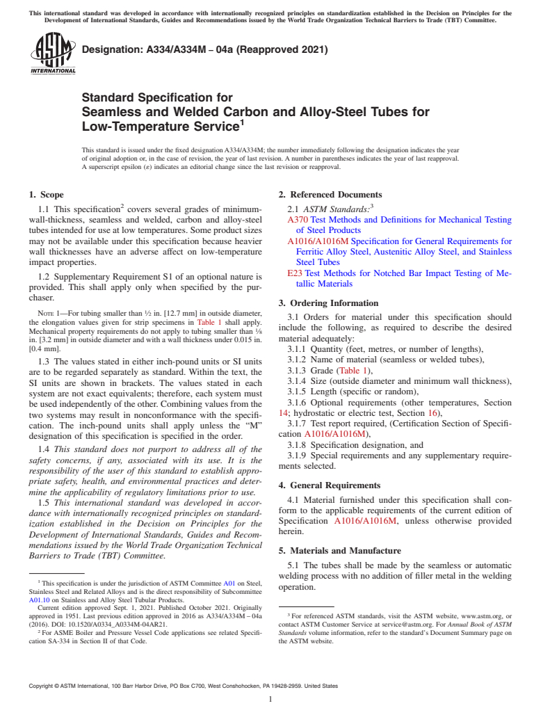 ASTM A334/A334M-04a(2021) - Standard Specification for  Seamless and Welded Carbon and Alloy-Steel Tubes for Low-Temperature  Service