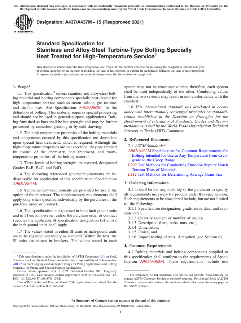 ASTM A437/A437M-15(2021) - Standard Specification for  Stainless and Alloy-Steel Turbine-Type Bolting Specially Heat  Treated for High-Temperature Service