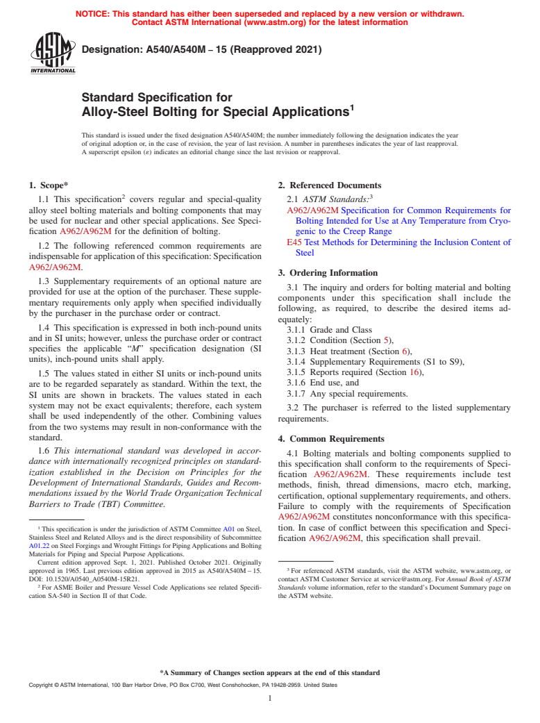 ASTM A540/A540M-15(2021) - Standard Specification for  Alloy-Steel Bolting for Special Applications