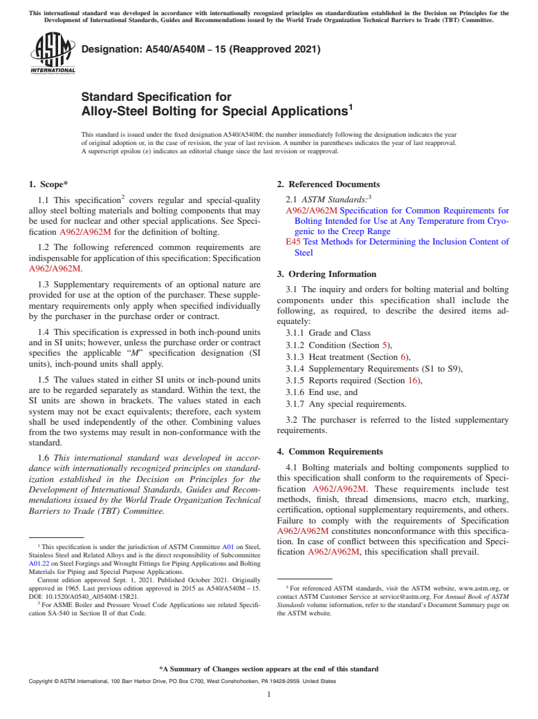 ASTM A540/A540M-15(2021) - Standard Specification for  Alloy-Steel Bolting for Special Applications