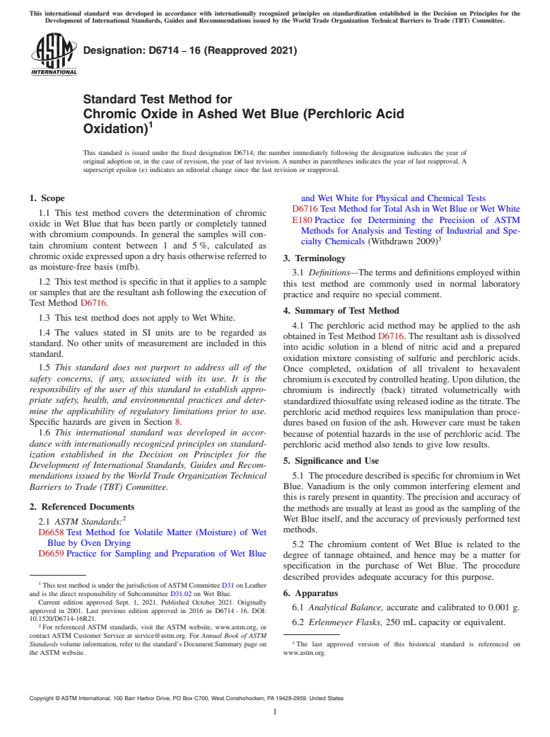 ASTM D6714-16(2021) - Standard Test Method for  Chromic Oxide in Ashed Wet Blue (Perchloric Acid Oxidation)