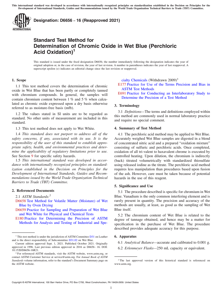 ASTM D6656-16(2021) - Standard Test Method for  Determination of Chromic Oxide in Wet Blue (Perchloric Acid  Oxidation)