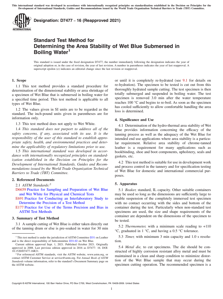 ASTM D7477-16(2021) - Standard Test Method for  Determining the Area Stability of Wet Blue Submersed in Boiling  Water