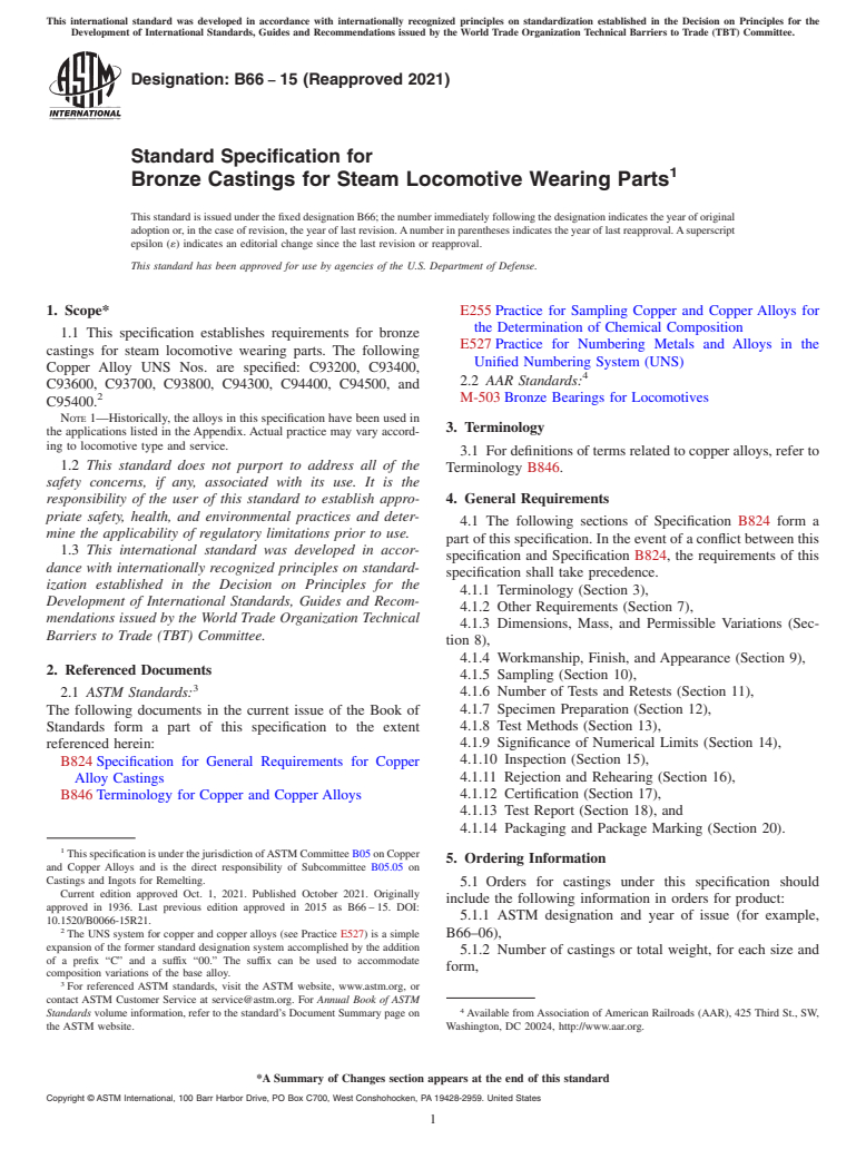 ASTM B66-15(2021) - Standard Specification for Bronze Castings for Steam Locomotive Wearing Parts