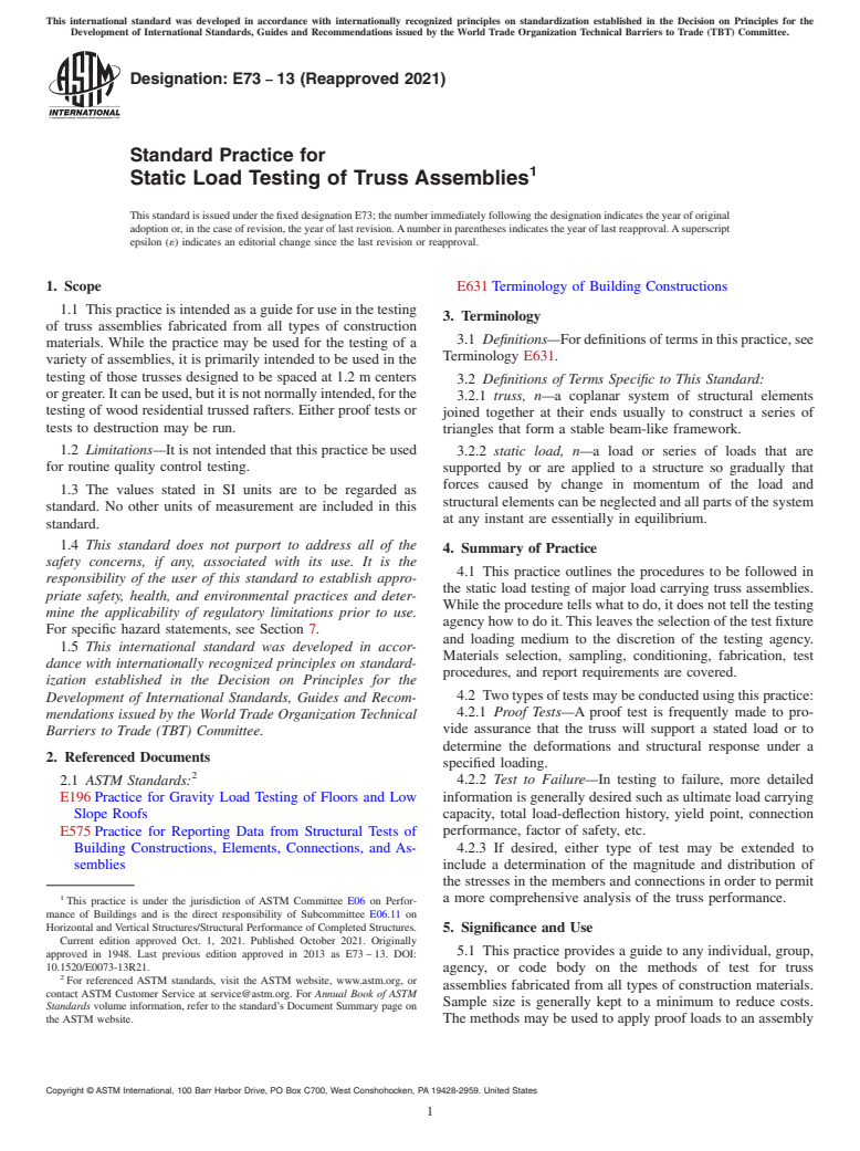 ASTM E73-13(2021) - Standard Practice for Static Load Testing of Truss Assemblies