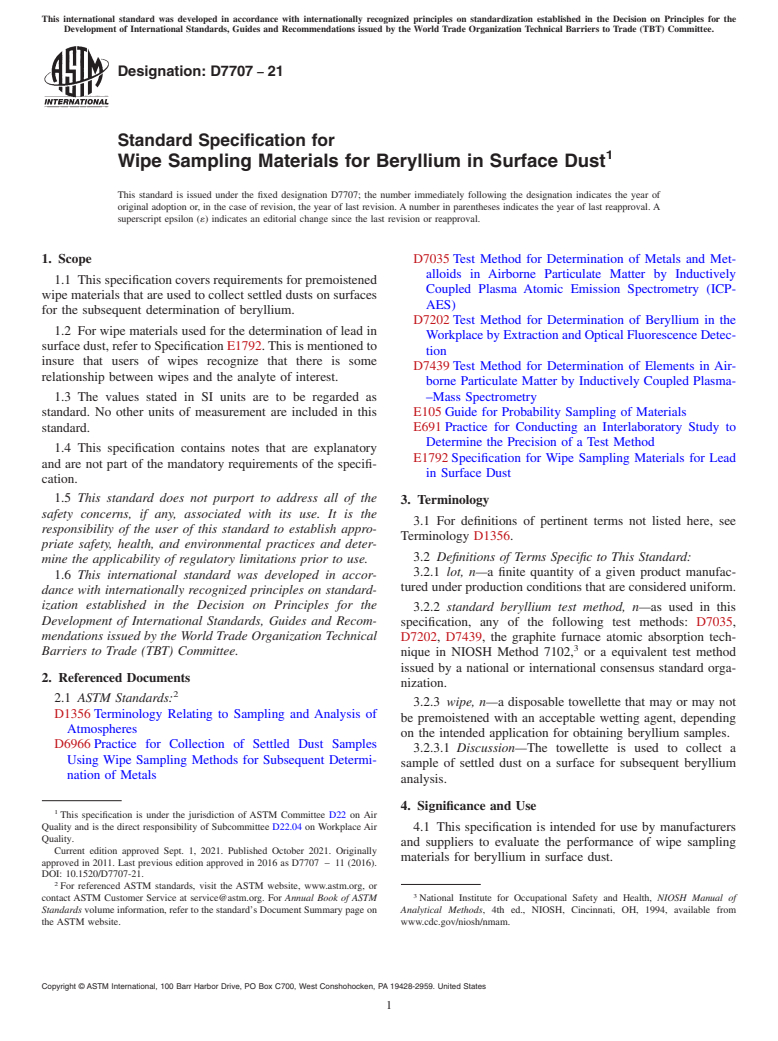 ASTM D7707-21 - Standard Specification for  Wipe Sampling Materials for Beryllium in Surface Dust