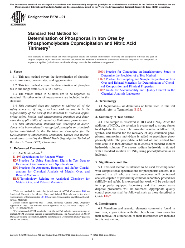 ASTM E278-21 - Standard Test Method for  Determination of Phosphorus in Iron Ores by Phosphomolybdate  Coprecipitation and Nitric Acid Titrimetry