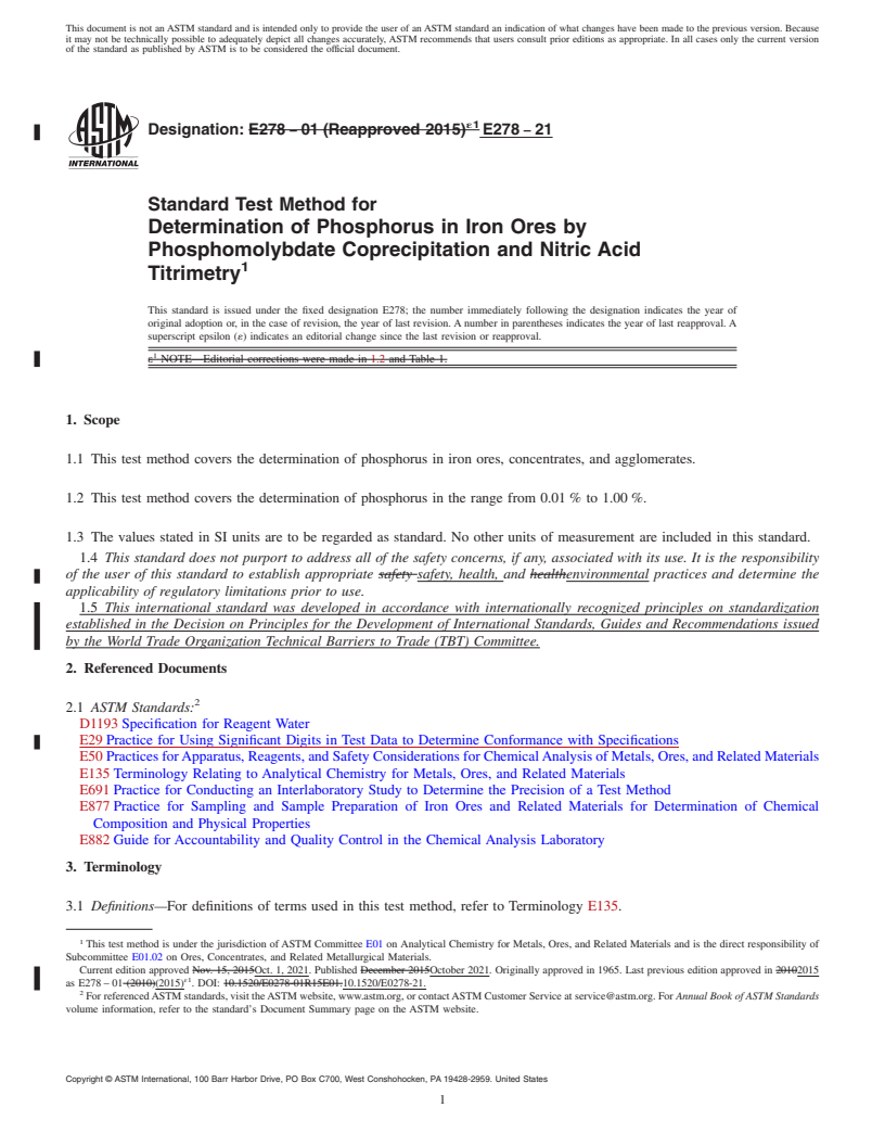 REDLINE ASTM E278-21 - Standard Test Method for  Determination of Phosphorus in Iron Ores by Phosphomolybdate  Coprecipitation and Nitric Acid Titrimetry