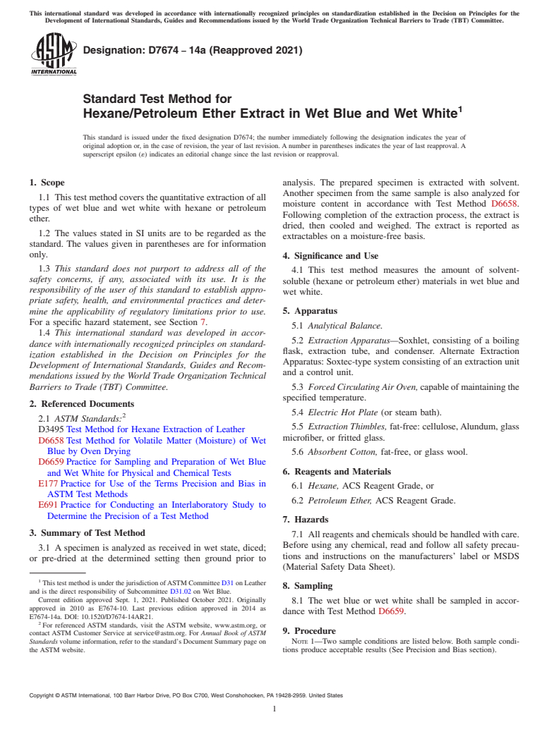ASTM D7674-14a(2021) - Standard Test Method for  Hexane/Petroleum Ether Extract in Wet Blue and Wet White