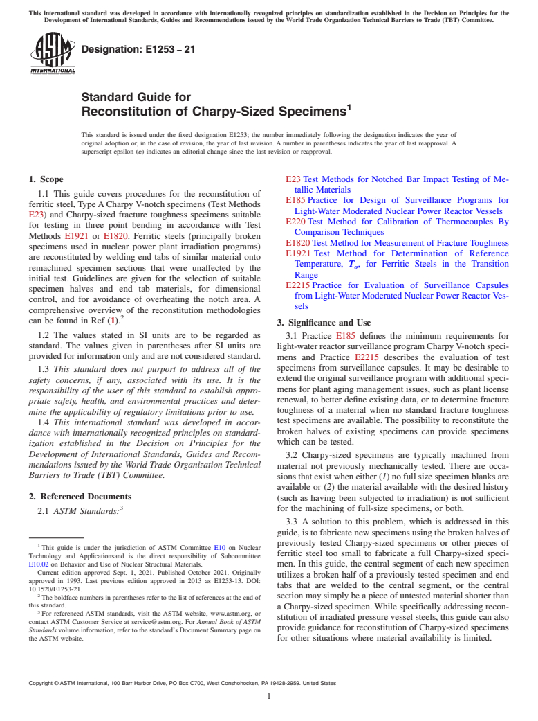 ASTM E1253-21 - Standard Guide for  Reconstitution of Charpy-Sized Specimens