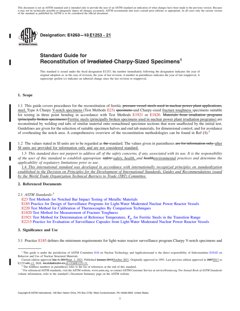 REDLINE ASTM E1253-21 - Standard Guide for  Reconstitution of Charpy-Sized Specimens