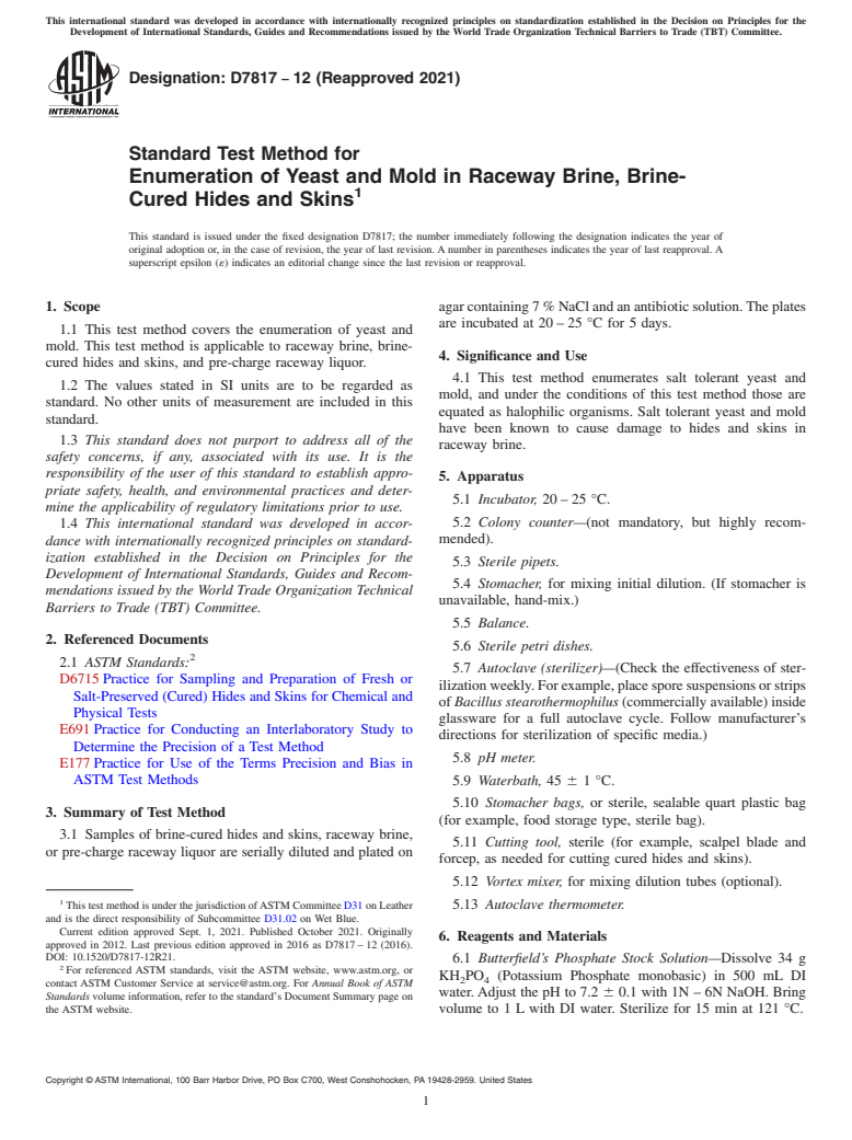 ASTM D7817-12(2021) - Standard Test Method for Enumeration of Yeast and Mold in Raceway Brine, Brine-Cured  Hides and Skins