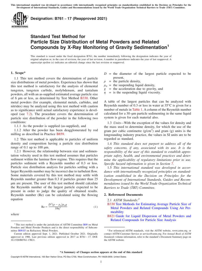 ASTM B761-17(2021) - Standard Test Method for  Particle Size Distribution of Metal Powders and Related Compounds   by X-Ray Monitoring of Gravity Sedimentation