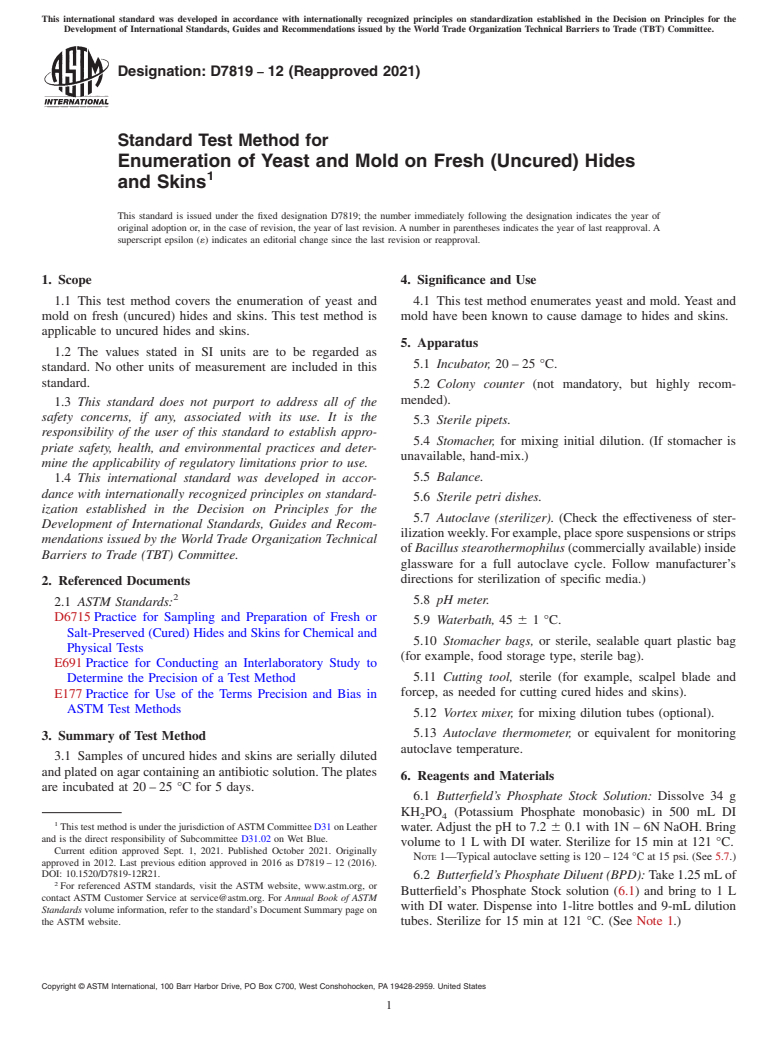 ASTM D7819-12(2021) - Standard Test Method for Enumeration of Yeast and Mold on Fresh (Uncured) Hides and  Skins