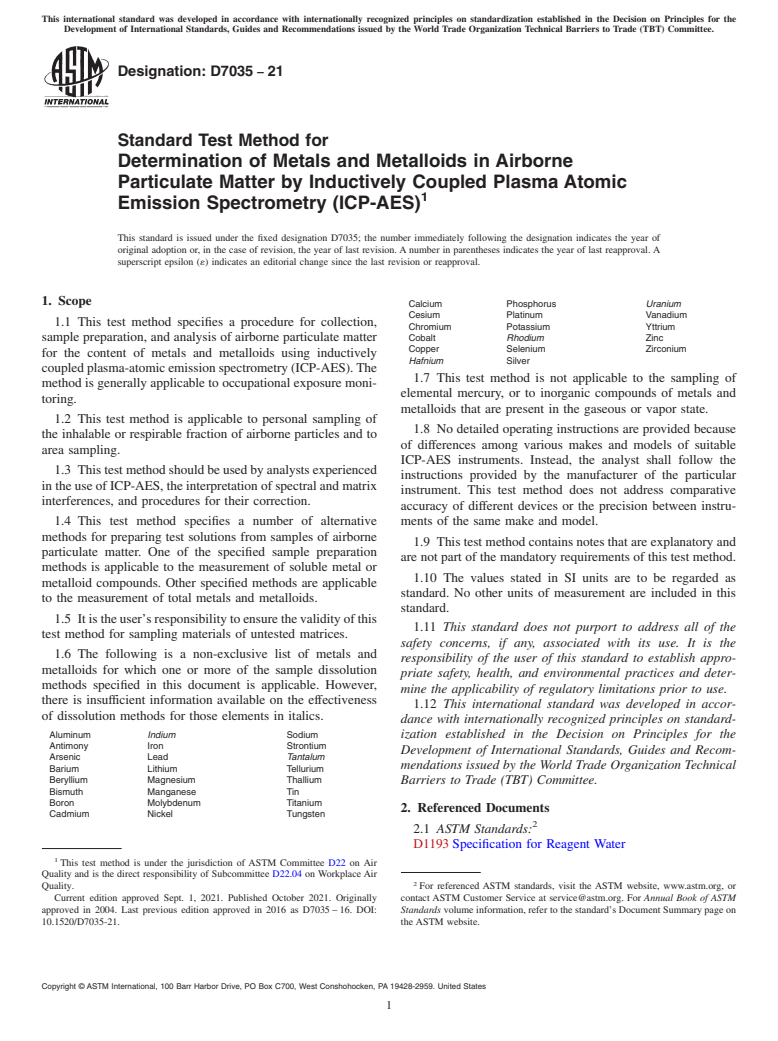 ASTM D7035-21 - Standard Test Method for Determination of Metals and Metalloids in Airborne Particulate  Matter by Inductively Coupled Plasma Atomic Emission Spectrometry  (ICP-AES)
