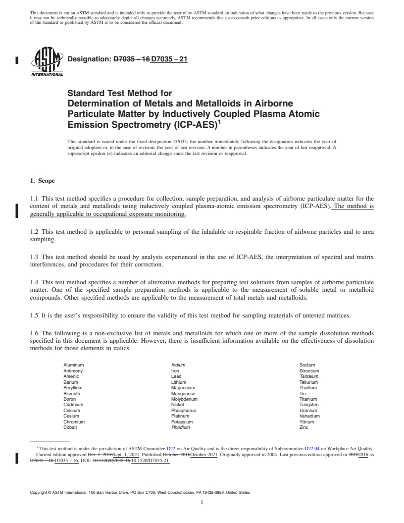 REDLINE ASTM D7035-21 - Standard Test Method for Determination of Metals and Metalloids in Airborne Particulate  Matter by Inductively Coupled Plasma Atomic Emission Spectrometry  (ICP-AES)