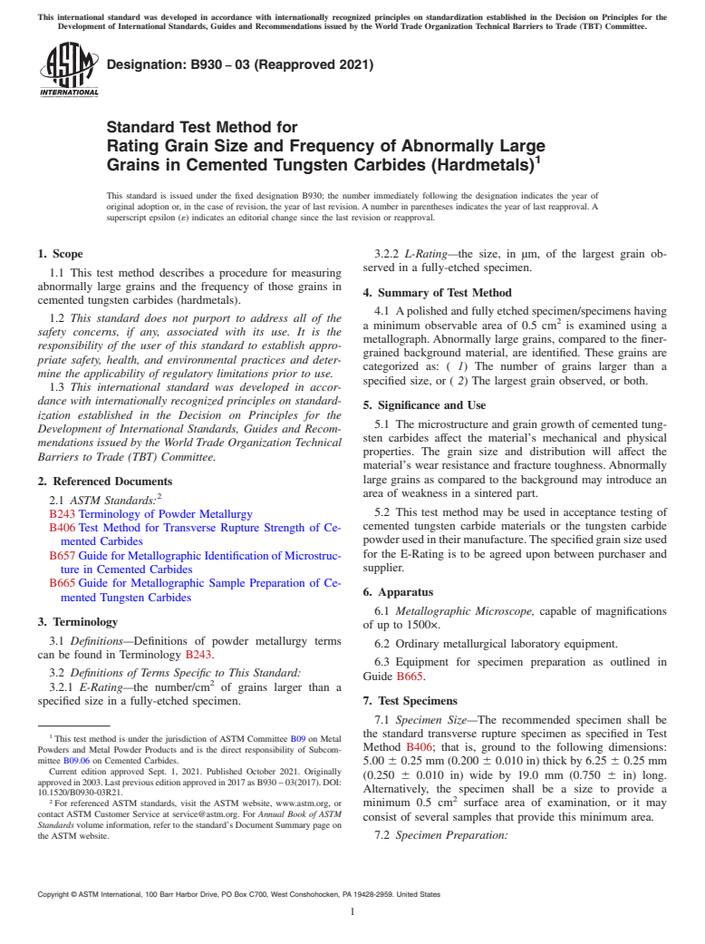 ASTM B930-03(2021) - Standard Test Method for  Rating Grain Size and Frequency of Abnormally Large Grains  in Cemented Tungsten Carbides (Hardmetals)