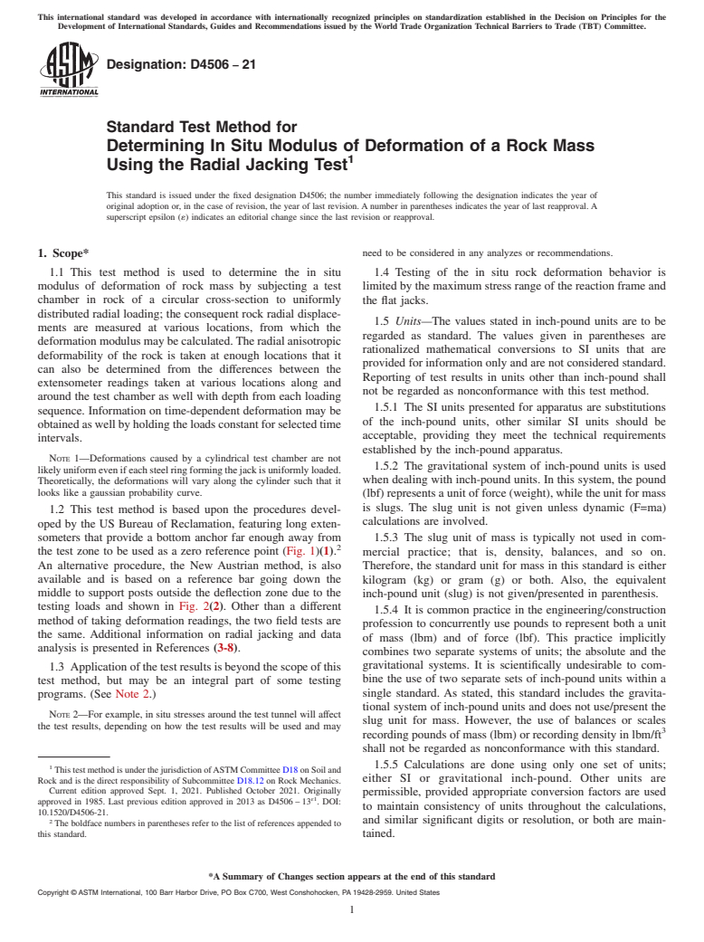 ASTM D4506-21 - Standard Test Method for  Determining In Situ Modulus of Deformation of a Rock Mass Using  the Radial Jacking Test