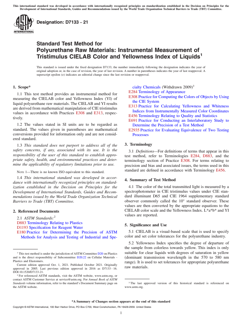 ASTM D7133-21 - Standard Test Method for Polyurethane Raw Materials: Instrumental Measurement of Tristimulus  CIELAB Color and Yellowness Index of Liquids