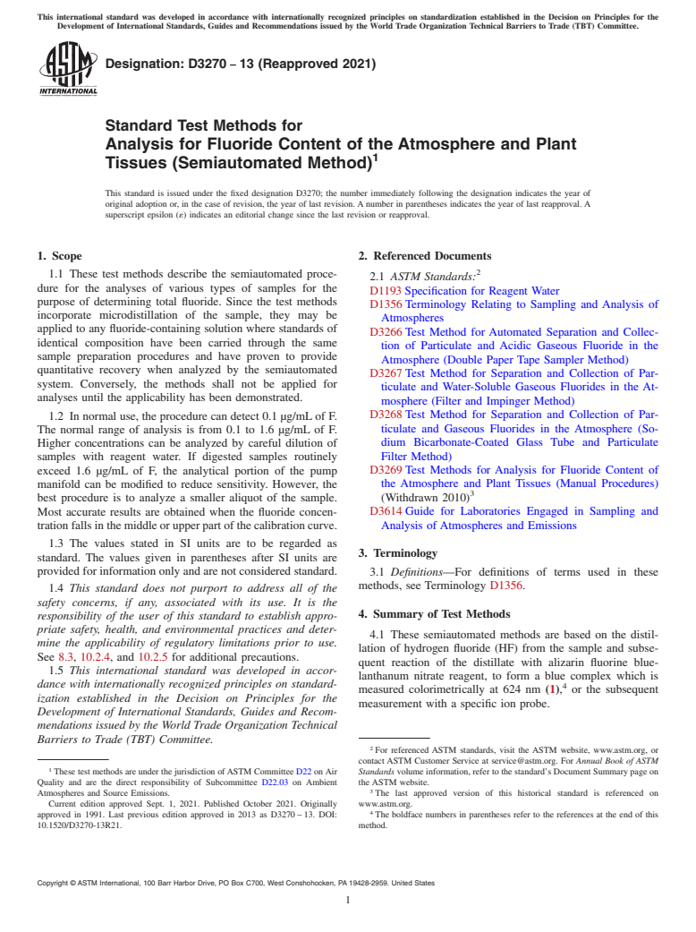 ASTM D3270-13(2021) - Standard Test Methods for  Analysis for Fluoride Content of the Atmosphere and Plant Tissues  (Semiautomated Method)