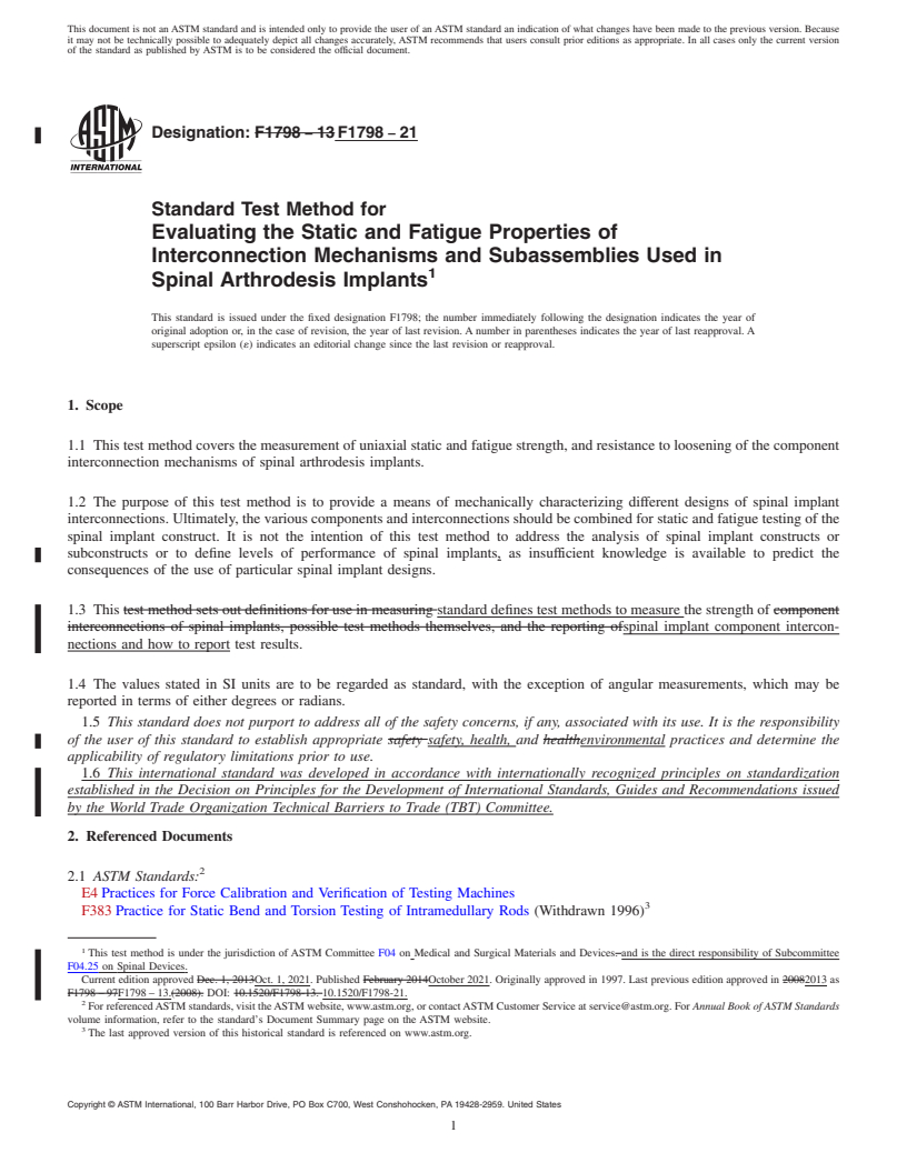 REDLINE ASTM F1798-21 - Standard Test Method for Evaluating the Static and Fatigue Properties of Interconnection  Mechanisms and Subassemblies Used in Spinal Arthrodesis Implants