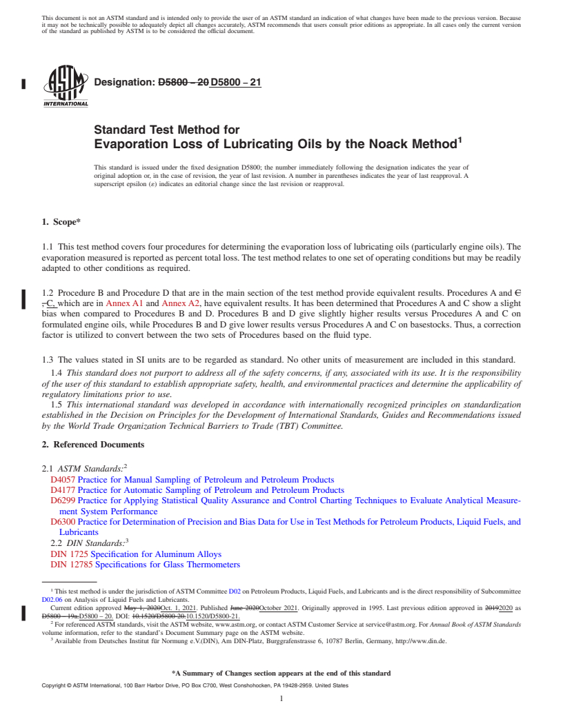 REDLINE ASTM D5800-21 - Standard Test Method for  Evaporation Loss of Lubricating Oils by the Noack Method