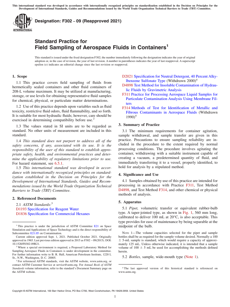 ASTM F302-09(2021) - Standard Practice for  Field Sampling of Aerospace Fluids in Containers