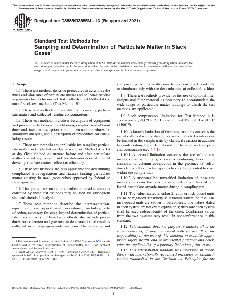 ASTM D3685/D3685M-13(2021) - Standard Test Methods for  Sampling and Determination of Particulate Matter in Stack Gases