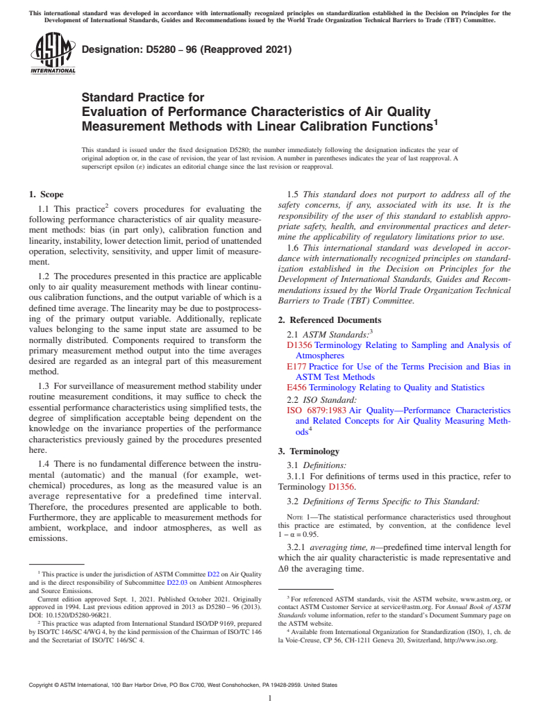 ASTM D5280-96(2021) - Standard Practice for Evaluation of Performance Characteristics of Air Quality Measurement  Methods with Linear Calibration Functions