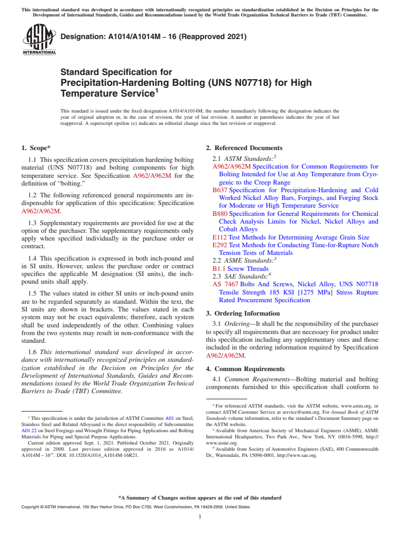 ASTM A1014/A1014M-16(2021) - Standard Specification for Precipitation-Hardening Bolting (UNS N07718) for High Temperature  Service