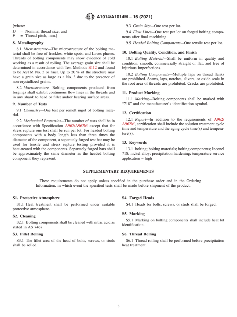 ASTM A1014/A1014M-16(2021) - Standard Specification for Precipitation-Hardening Bolting (UNS N07718) for High Temperature  Service