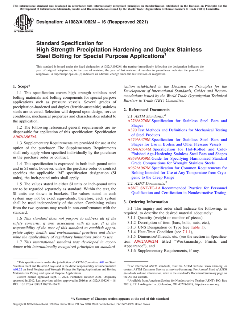 ASTM A1082/A1082M-16(2021) - Standard Specification for High Strength Precipitation Hardening and Duplex Stainless  Steel Bolting for Special Purpose Applications