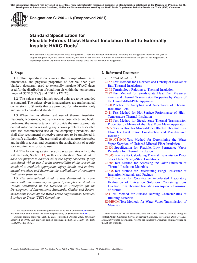 ASTM C1290-16(2021) - Standard Specification for Flexible Fibrous Glass Blanket Insulation Used to Externally  Insulate HVAC Ducts